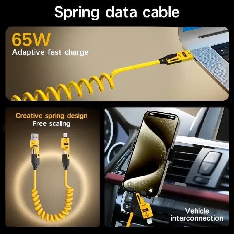 Cabo De Dados Curto 4 Em 1 , 65W , Mola 6A , USB , Tipo C , Carregador Rápido Telescópico , Fio , De Para iPhone 15 14 1