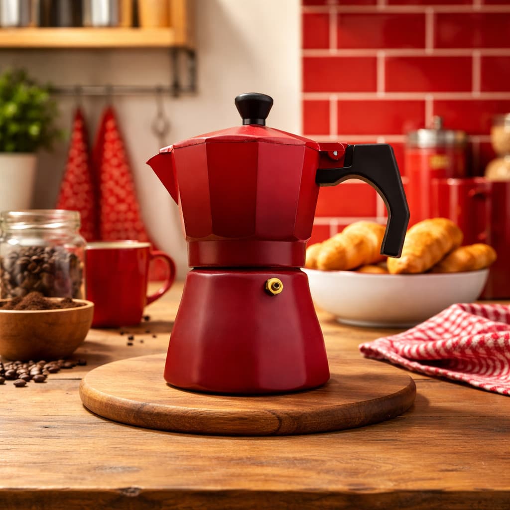 Cafeteira Italiana Moka Alumínio Vermelha  3 Xícara Café Expresso Fogão Cozinha