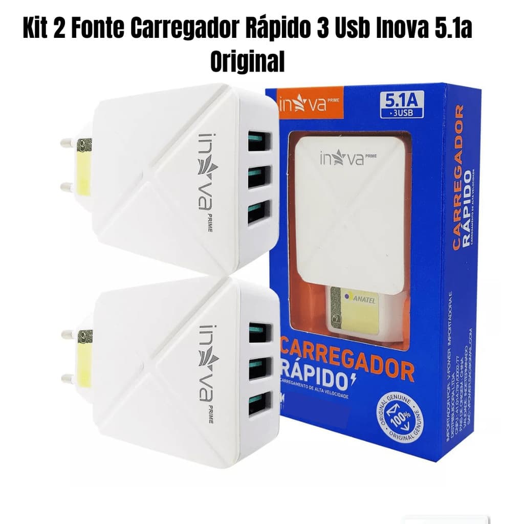 Kit 2 carregadores inova celular 3 entradas usb fonte tomada 5.1a turbo rápida