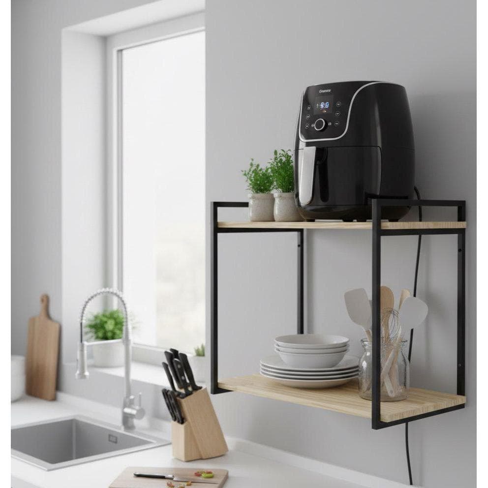 Suporte De Microondas Parede Industrial Madeira E Metal Preto Gourmet Multiuso Reforçado Prateleira Suspensa Decorativa