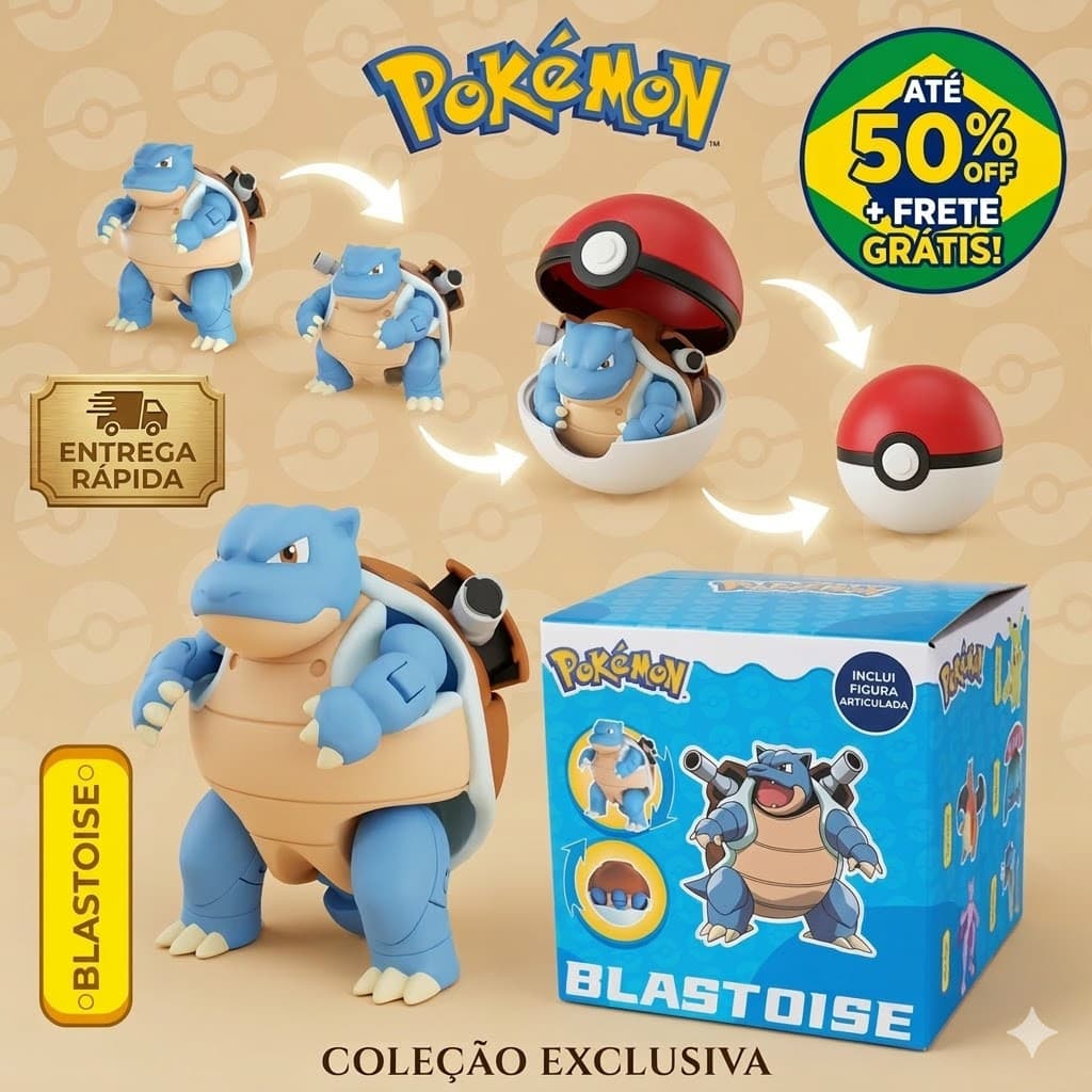 Blastoise Pokémon Boneco Articulado Mega Evolução Vira Pokébola - Alta Qualidade 50% OFF