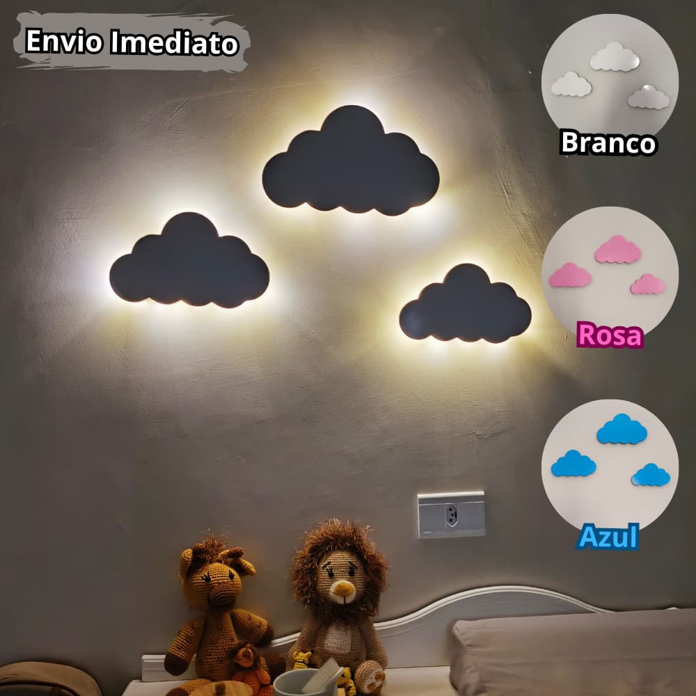 Kit 3 nuvens Luminária Abajur Infantil com Led fio de fada- Decoração para Quarto infantil