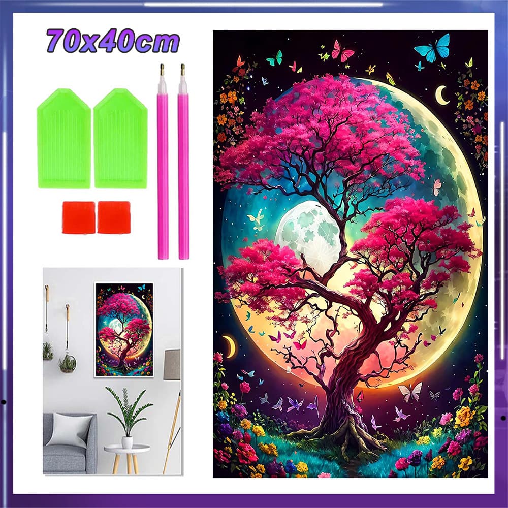 Kit de Pintura de Diamante 5D Quadrada 70x40cm para Adultos, Arte Relaxante e Decorativa,Árvore sob a lua
