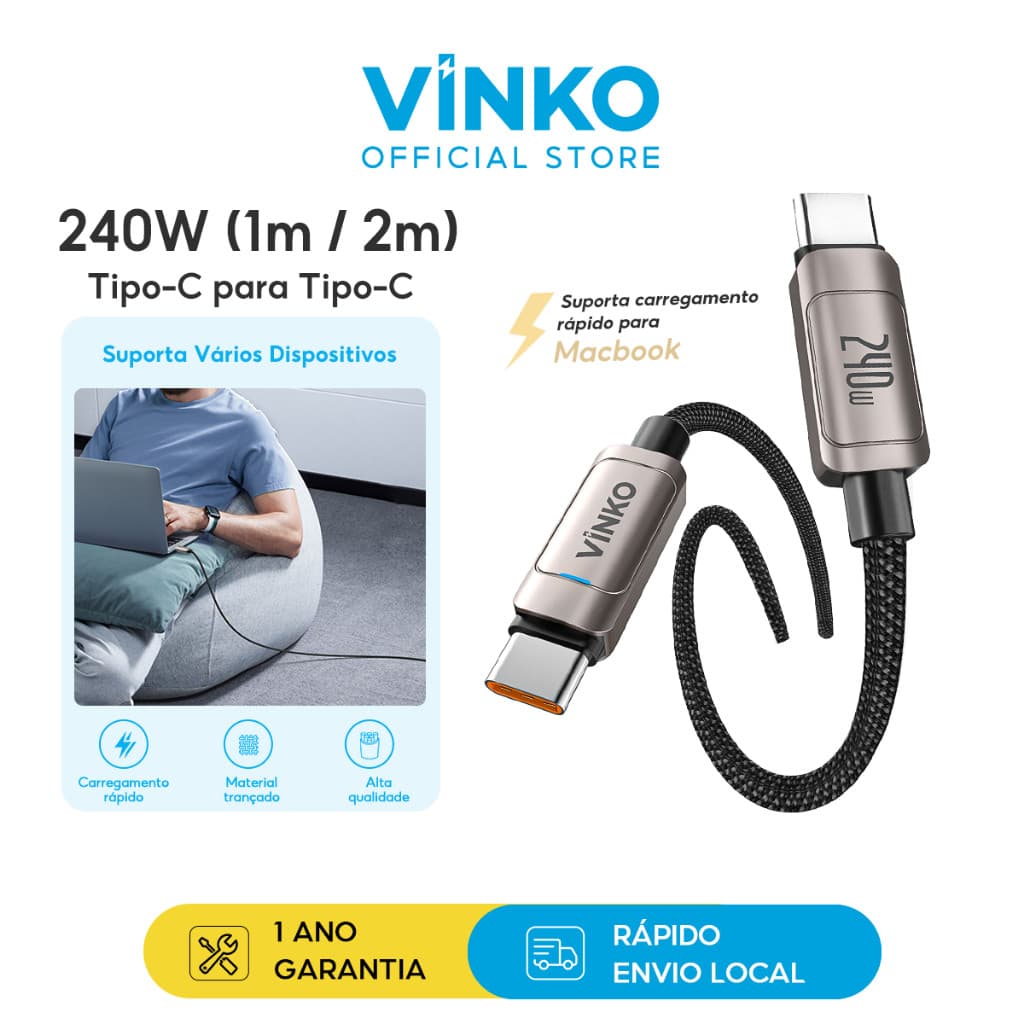 Vinko Cabo Usb C/Tipo C 240w Para Celular/Tablets/Notebook 1m/2m Compatível com Android/Macbooks N1001