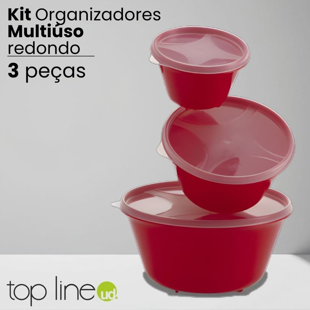 Kit 3 Organizadores Redondo BPA Free Três Tamanhos Pote de Plástico Multiuso para Cozinha Top Line