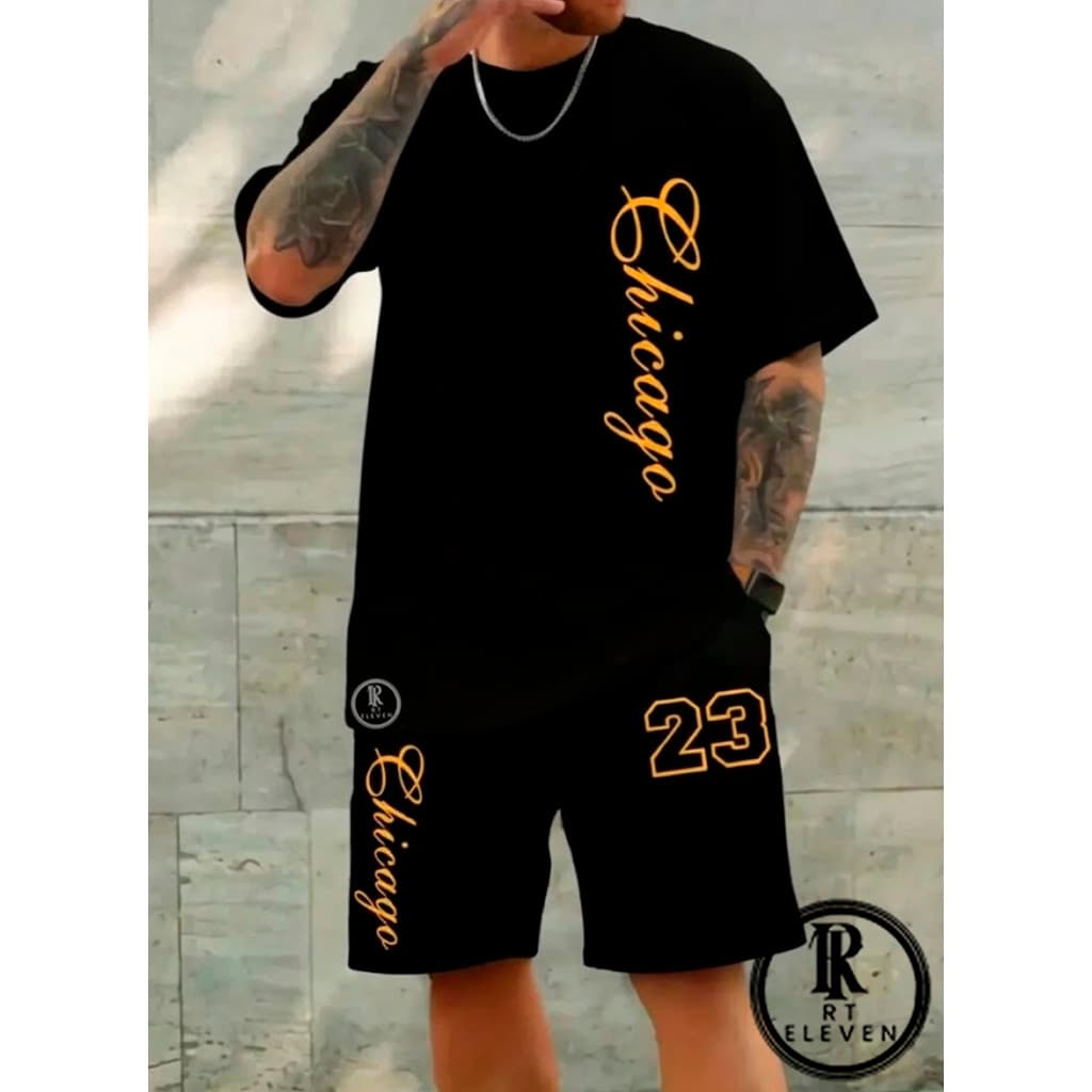 Kit Camiseta + Bermuda de Moletom Preta Chicago 23 Amarelo Conjunto Masculino Camiseta malha Premium Bermuda Moletom