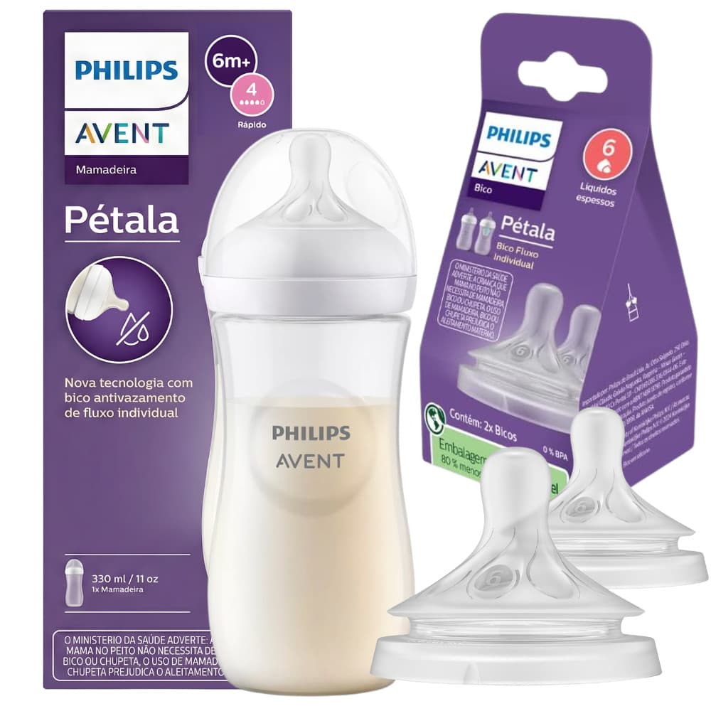 Kit Mamadeira Philips Avent Petala 330ml + 2 Bicos Fluxo 6 Líquido Espessos