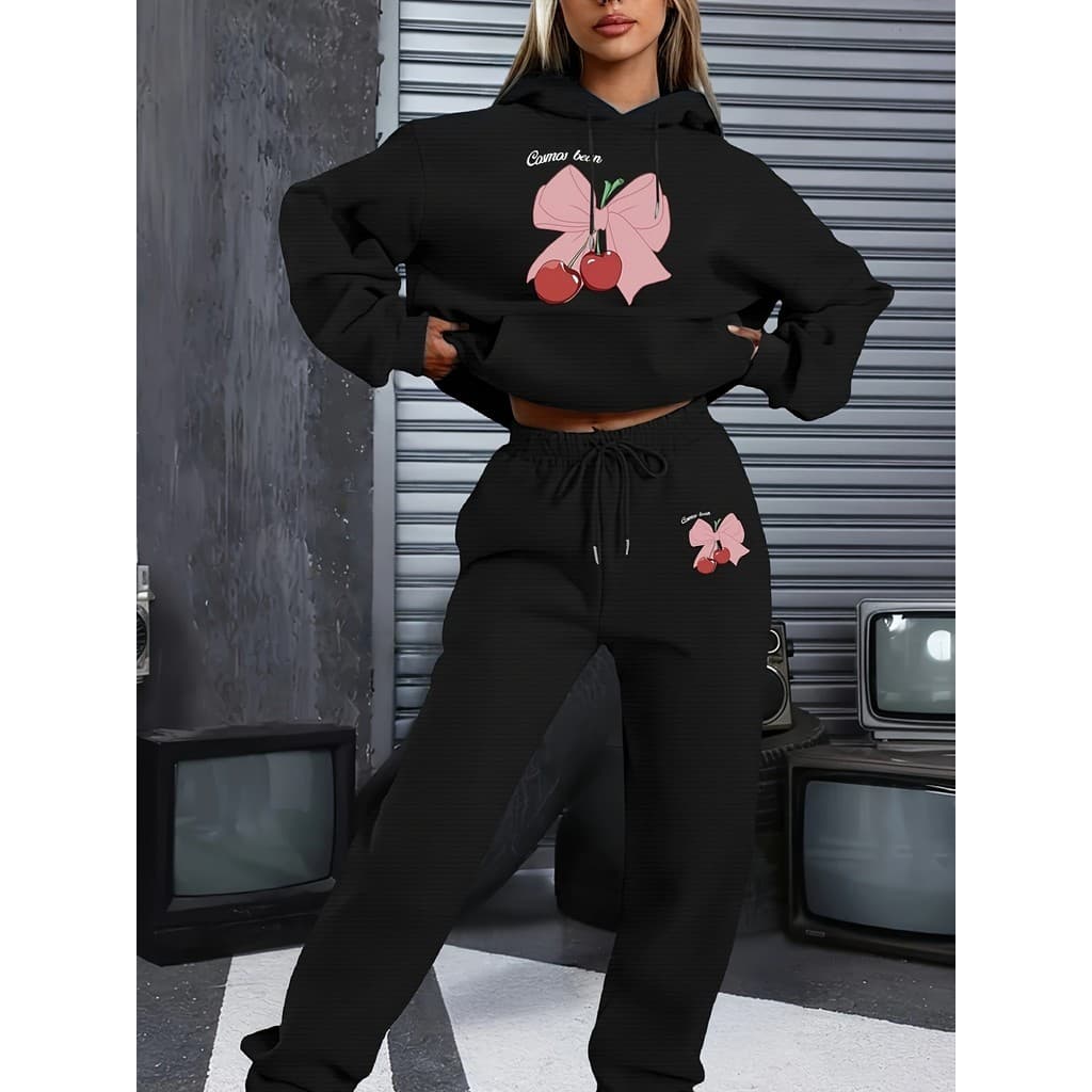 Conjunto de Moletom Unissex  Estampa laço e cerejas   - Blusão e Calça, Promoção envio rápido