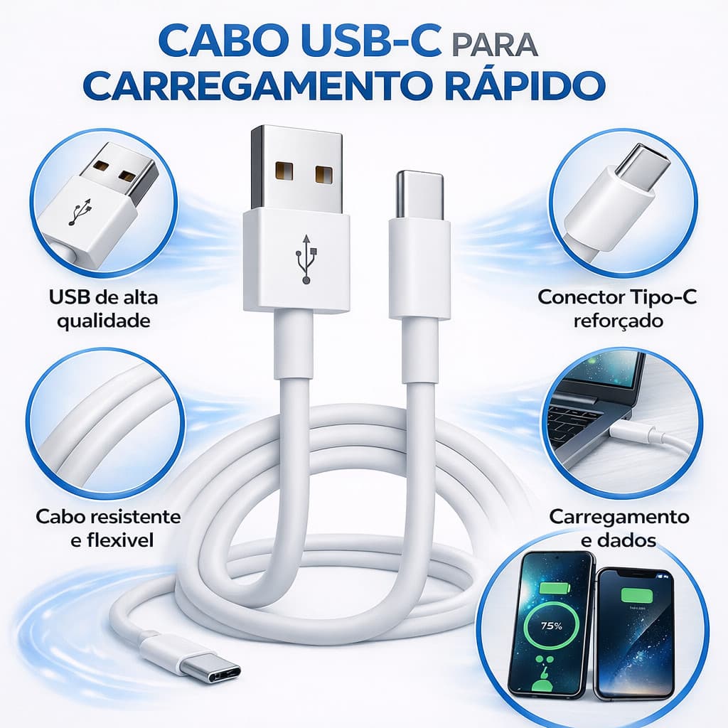 Cabo Carregador USB Tipo C Premium 1M Carregamento Rápido Compatível iPhone e Android