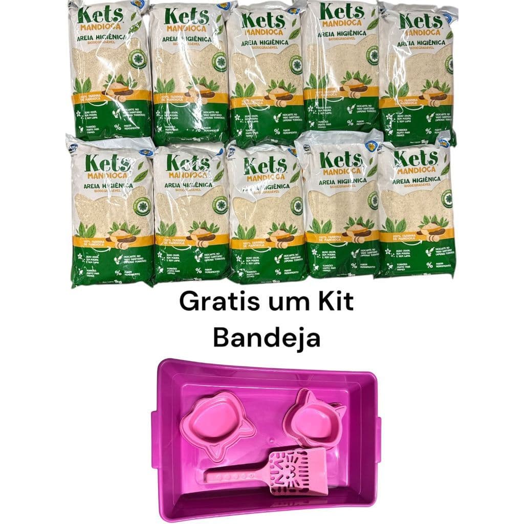 Kit Com 10un Areia Sanitária Higiênica Para Gatos Kets Mandioca Biodegradável 1kg + Kit Bandeja