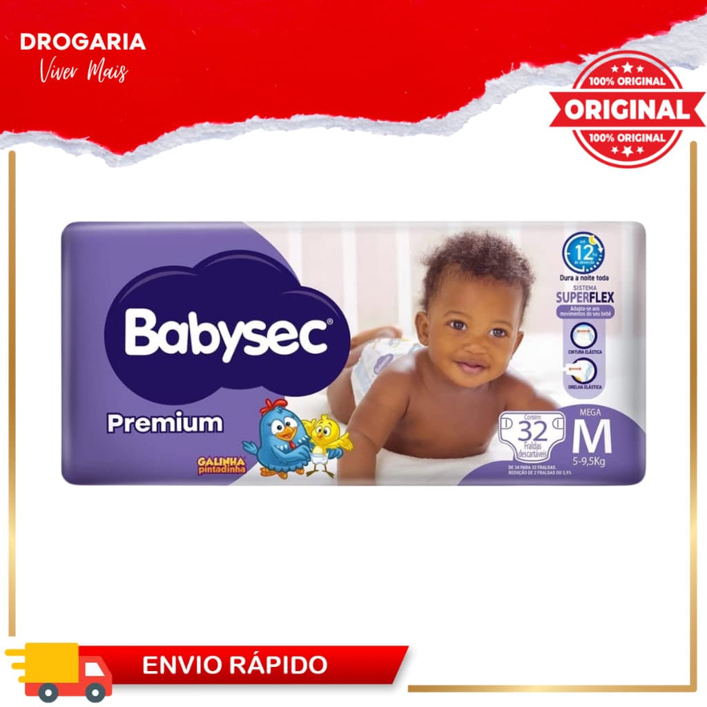 Fralda Babysec Premium Galinha Pintadinha M - 32Unidades(1, 2, 3 ou 4 Pacotes de Fraldas)