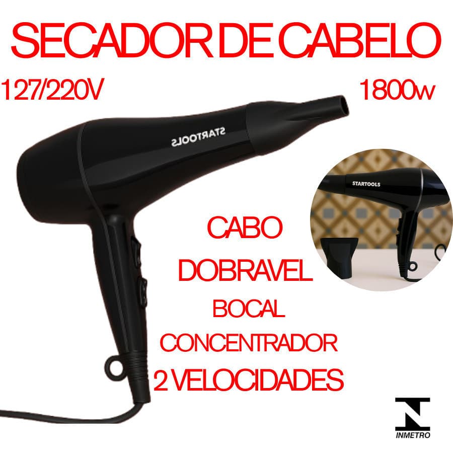 Secador De Cabelo Profissional com 2 Níveis de Temperatura 1800W Startools e Cabo Móvel