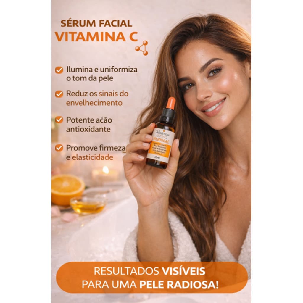 Sérum Facial Vitamina C Clareador 30ml – Anti Idade, Iluminador, Reduz Manchas, Linhas Finas e Rugas | Skincare Facial