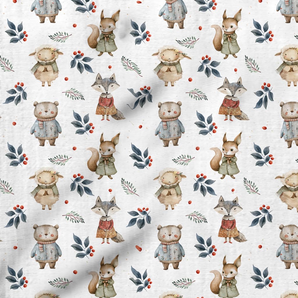 Tecido Tricoline Digital Animais Na Floresta Invernal - 100% Algodão Bolsas Luxo Quilting Patchwork