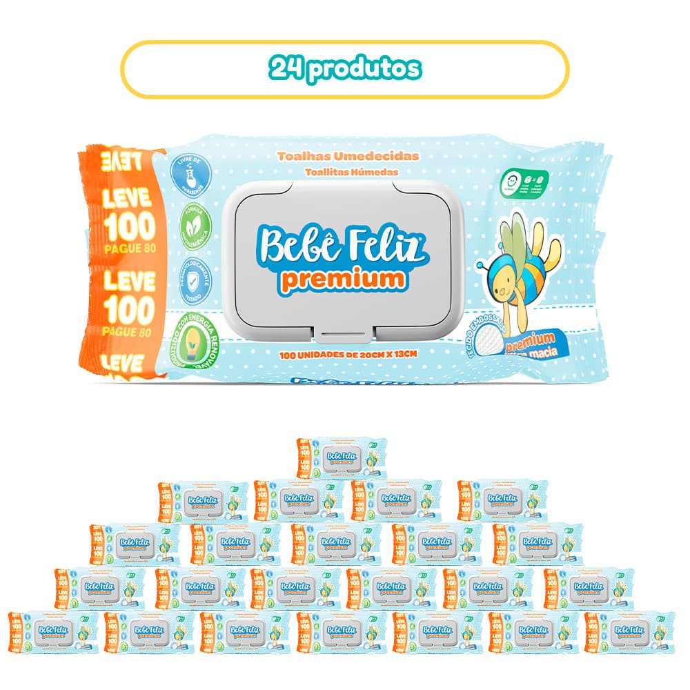 KIT 24 LENÇOS UMEDECIDO PREMIUM BEBÊ FELIZ 2400 FOLHAS 