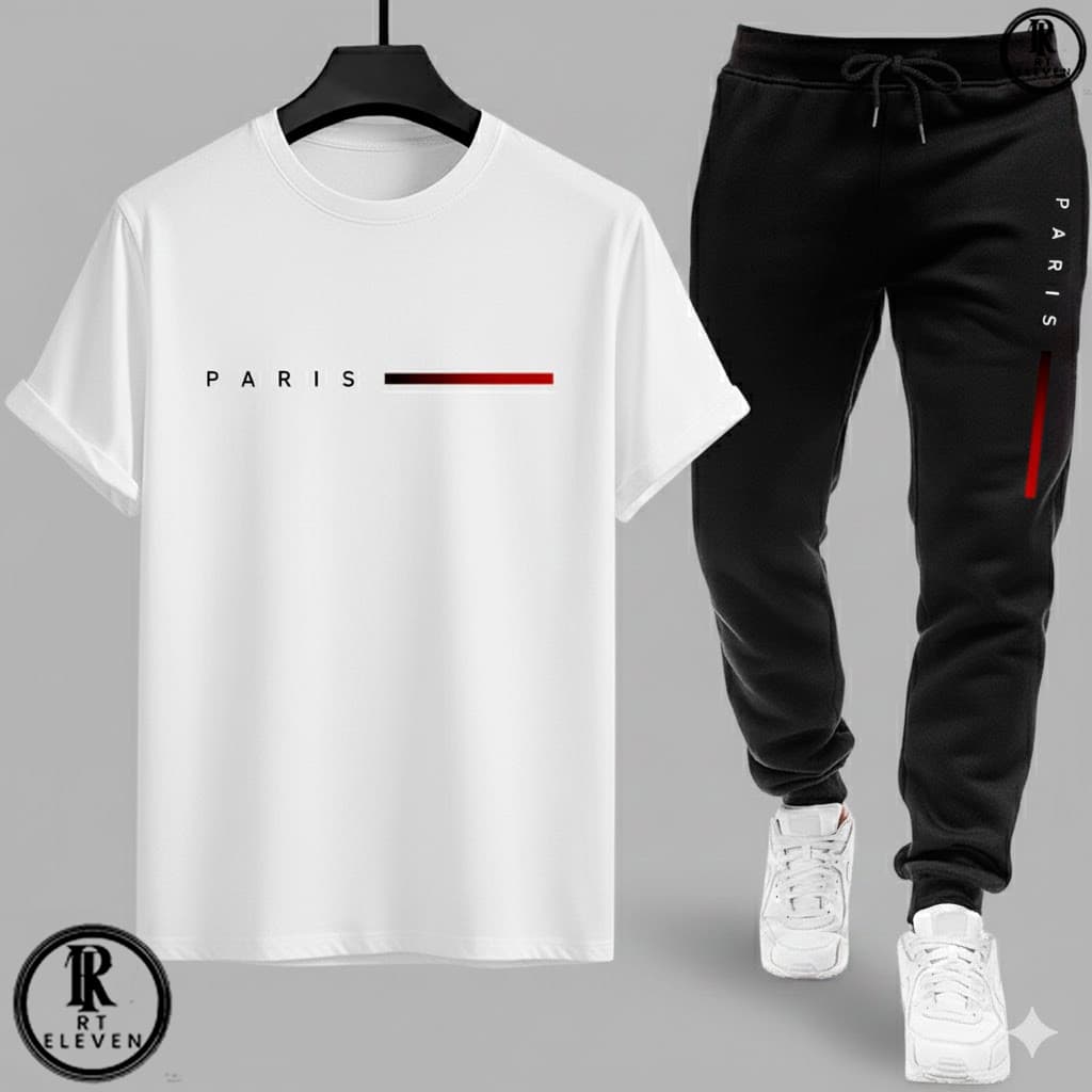 Kit Conjunto Camiseta e Calça moletom Moda masculina camiseta casual Paris Malha Algodão + calça Moletom Com bolso CS01