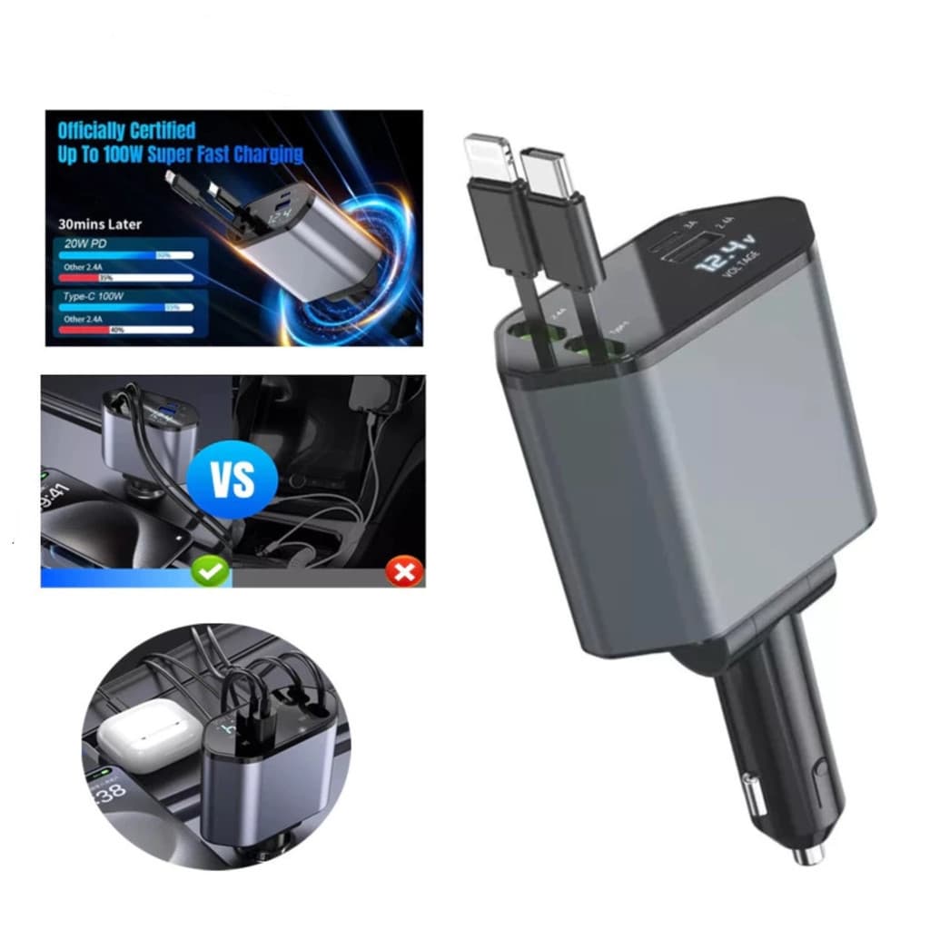 Carregador Veicular Retrátil 4 em 1 Carregamento Rápido para iPhone e Android