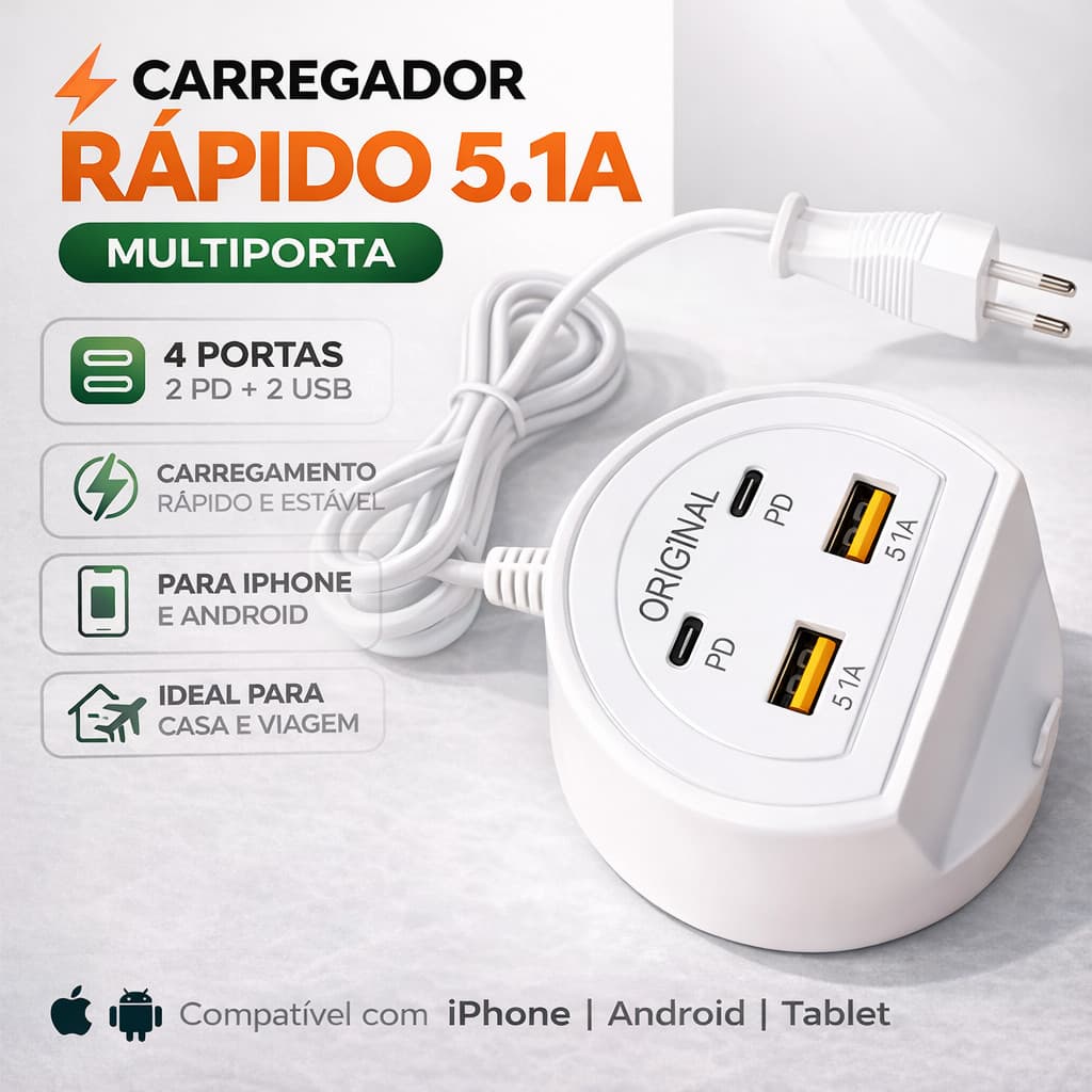 Carregador USB 5.1A 2 em 1 com Suporte Celular – Multiportas, Rápido e Portátil 📱⚡
