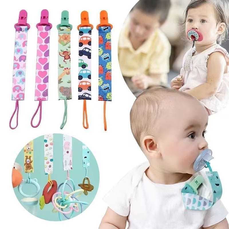 Kit com até 5 Prendedores de Chupeta com Trava e Corrente Clipe Seguro para Bebê Menino e Menina
