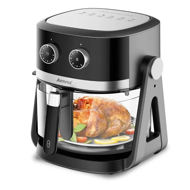 Air Fryer 5L Amvox ARF1150 1500W 2 em 1 com Cesto de Vidro Fritadeira Sem Óleo Preto/Prata 220v