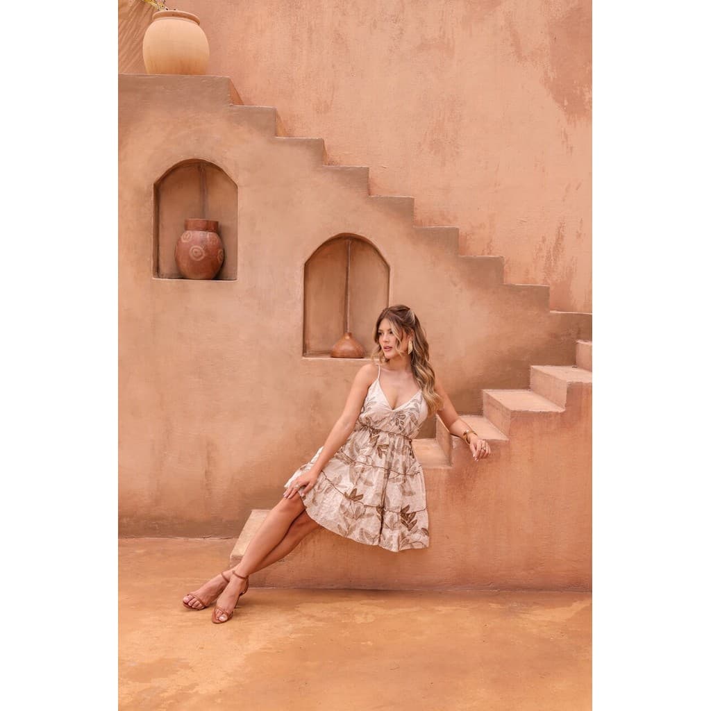 Vestido Curto com Estampa de Folhagem  Vestido de Alça Fina Tropical e Boho Saia com Babados-PLK-9021
