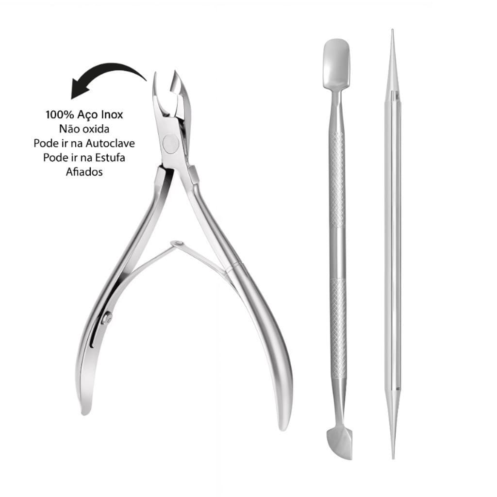 Kit 3x Aço Inox: Alicate Cutícula + Palito + Espátula para Manicure Pedicure Completo