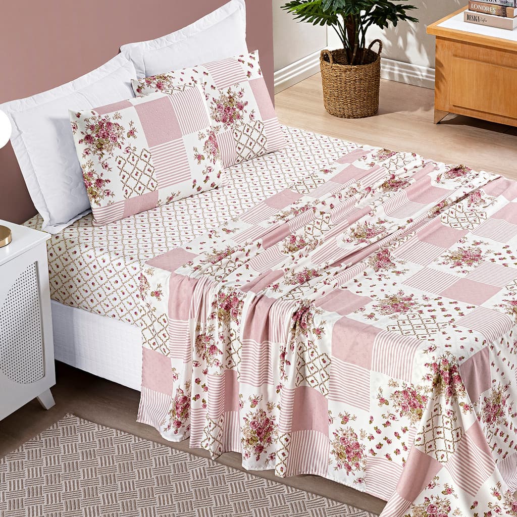 Jogo de Lençol Cama Casal Padrão 4 Peças Bouti Estampado Lençol Plano e Elásticado