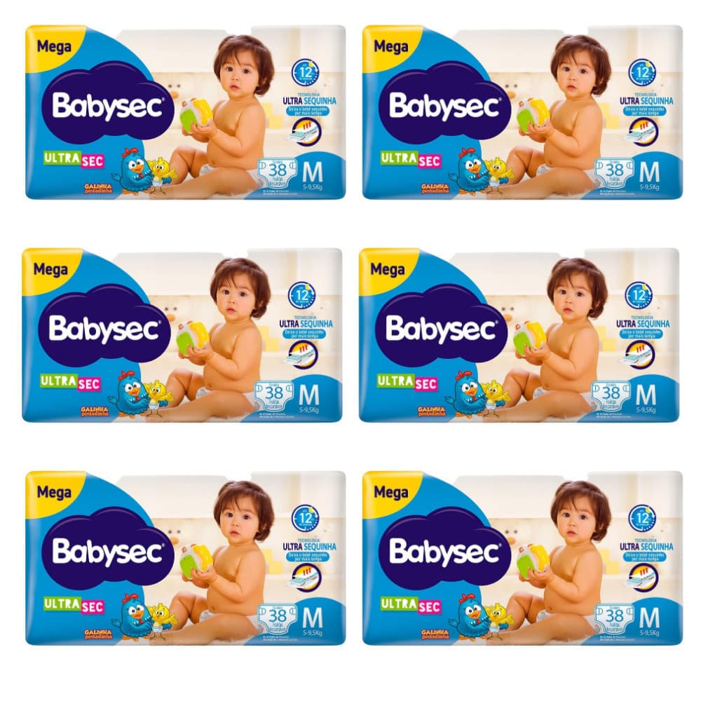 Pack 6x Fralda BabySec Ultrasec Galinha Pintadinha Mega M 38un – Elásticos suaves