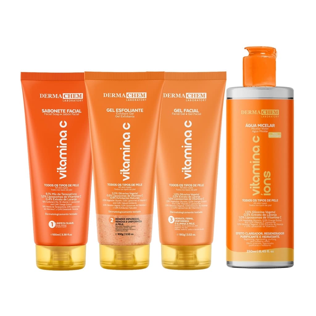 Kit SkinCare Anti Idade Vitamina C Dermachem Cuidados com o Rosto Clareador de Manchas Água Micelar