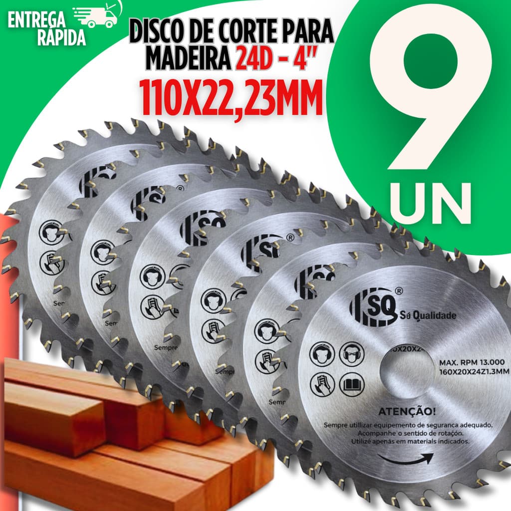 Jogo 09 Disco Corte Madeira 24 Dentes 110x22,23mm Serra Circular 4" Esmerilhadeira Profissional