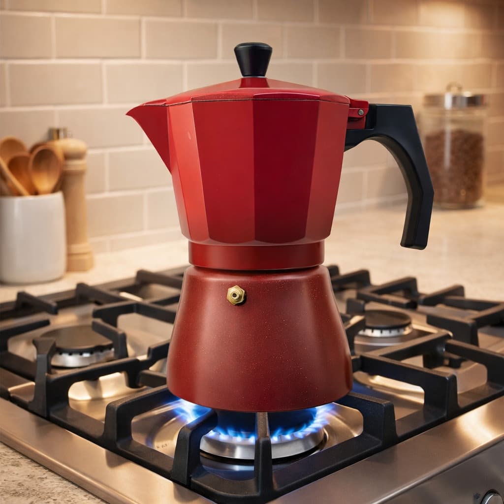 Cafeteira Moka Italiana Vermelha 6 Xícara Alumínio Grão Café Forte Expresso Cozinha Fogão