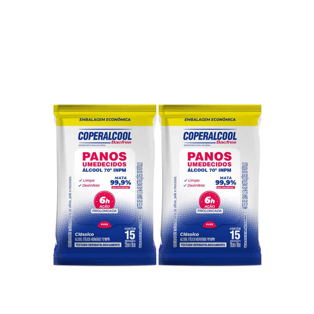 Kit 02 Pacotes de Lenços Umedecidos Clássico com Álcool 15 Lenços cada Coperalcool