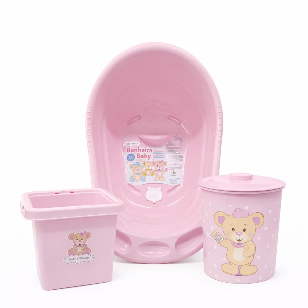 Kit Banheira de Bebê Monte Líbano com Balde e Lixeira 3 Peças