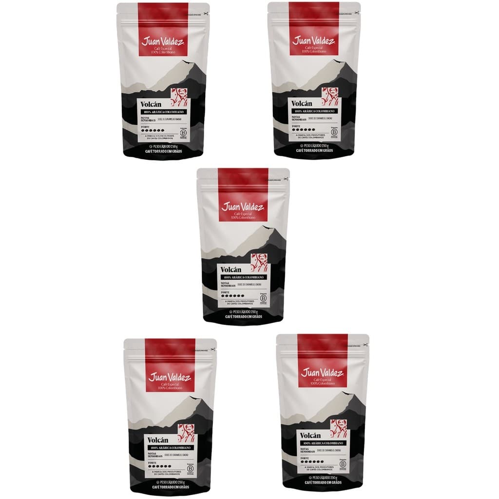 Kit 05 pcts Café Em Grãos Colombiano Juan Valdez Premium Vulcan 250Gr cada
