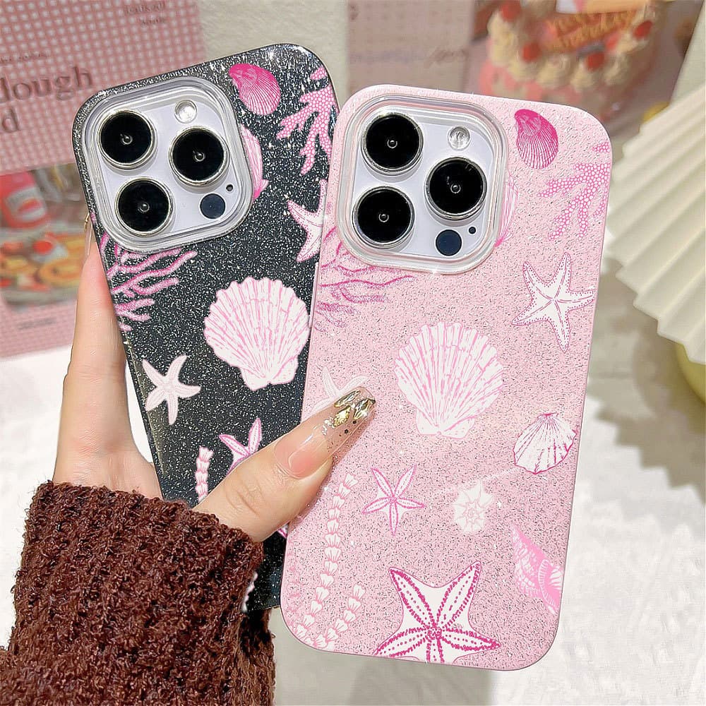 Marítima Conchas e Estrelas Brilho Rosa Capa Capinha Para iPhone 17 Ar 16 15 14 Plus 13 12 11 Pro Max XR Anti-Impacto