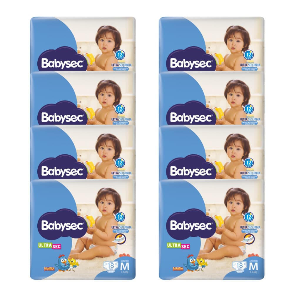 Pack 8x Fralda Babysec UltraSec Galinha Pintadinha Jumbinho M 18un Cada- Conforto e Alta Absorção