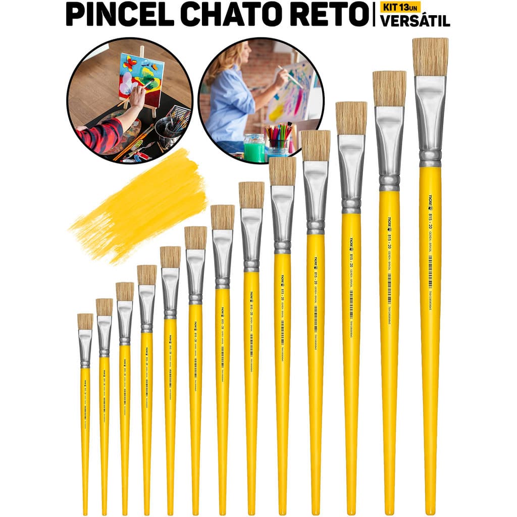 Kit Completo 13 Pincéis Chato Reto 815 Tigre Profissional Artesanato Pintura E, Madeira Tela MDF