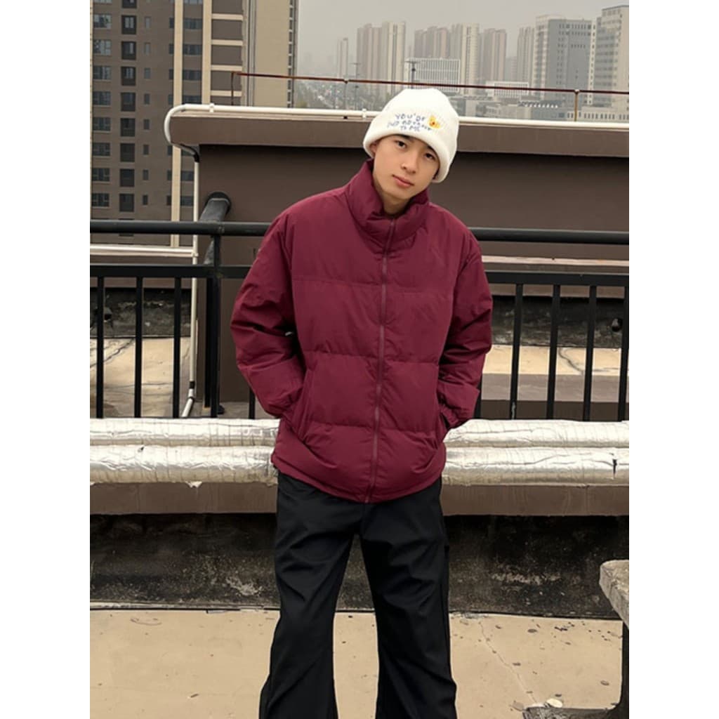 Borgonha leve jaqueta masculina inverno americano gola pão jaqueta cleanfit curto dois jaqueta de algodão