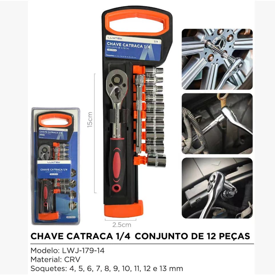 Kit 12 Pcs Soquete 1/4 Jogo Sextavado Com Catraca E Extensão