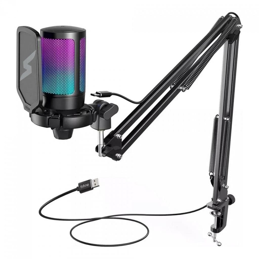 Microfone Gamer Fifine SuperFrame Edition SFM1 RGB USB Black Com Braço Articulado