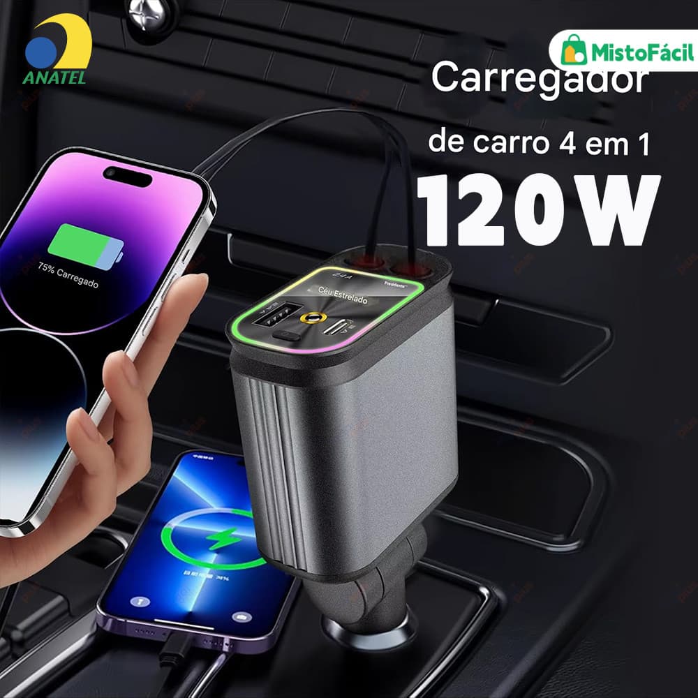 Carregador de Carro Rápido 4 em 1 Retrátil com Ajuste de 180° e Luz LED Compatível iPhone Android