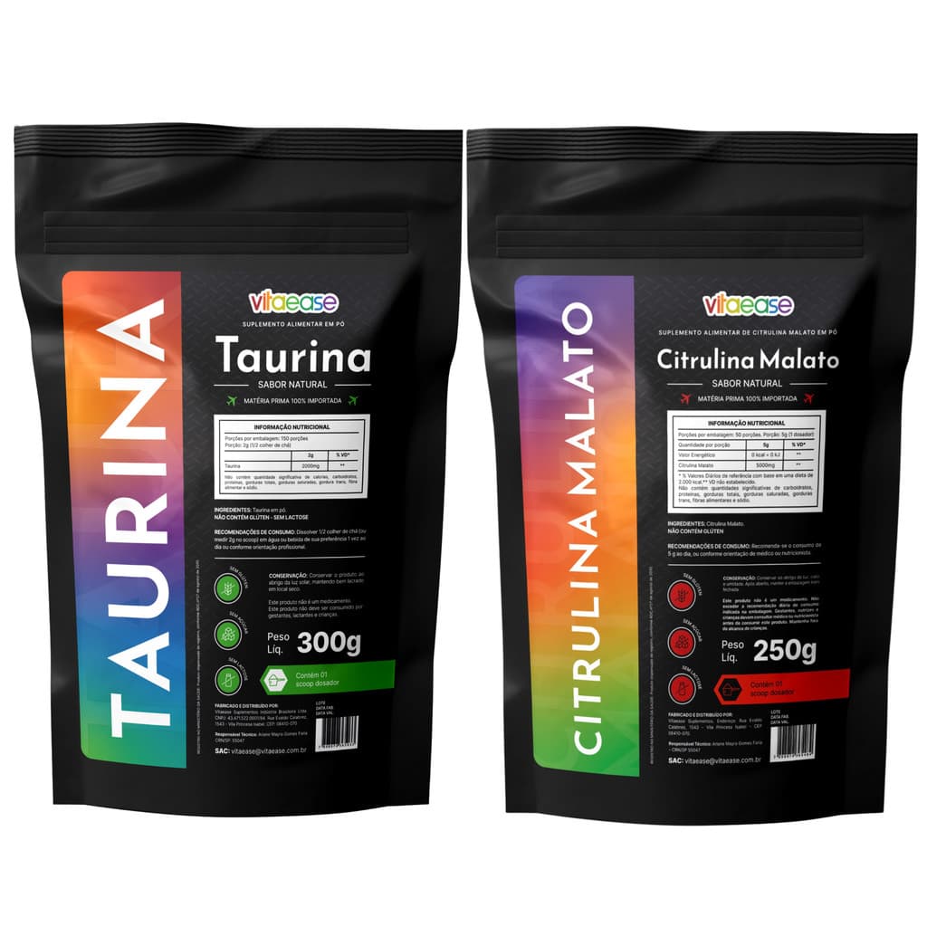 Combo Taurina 300g + Citrulina Malato 250g | Pré-Treino em Pó | Suplemento Alimentar | Uso Adulto