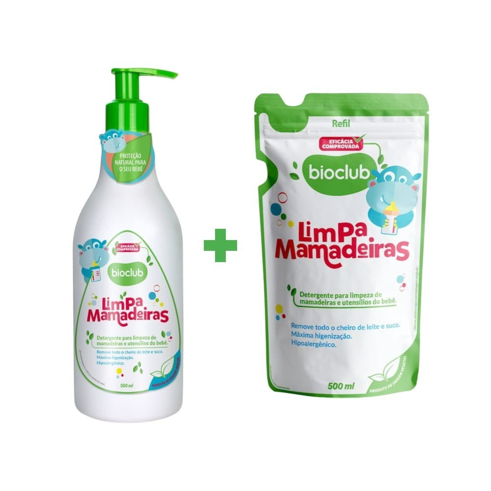 Kit Limpa Mamadeiras  + Refil 500ml - Bebê Detergente Líquido Orgânico Desengordurante Bioclub