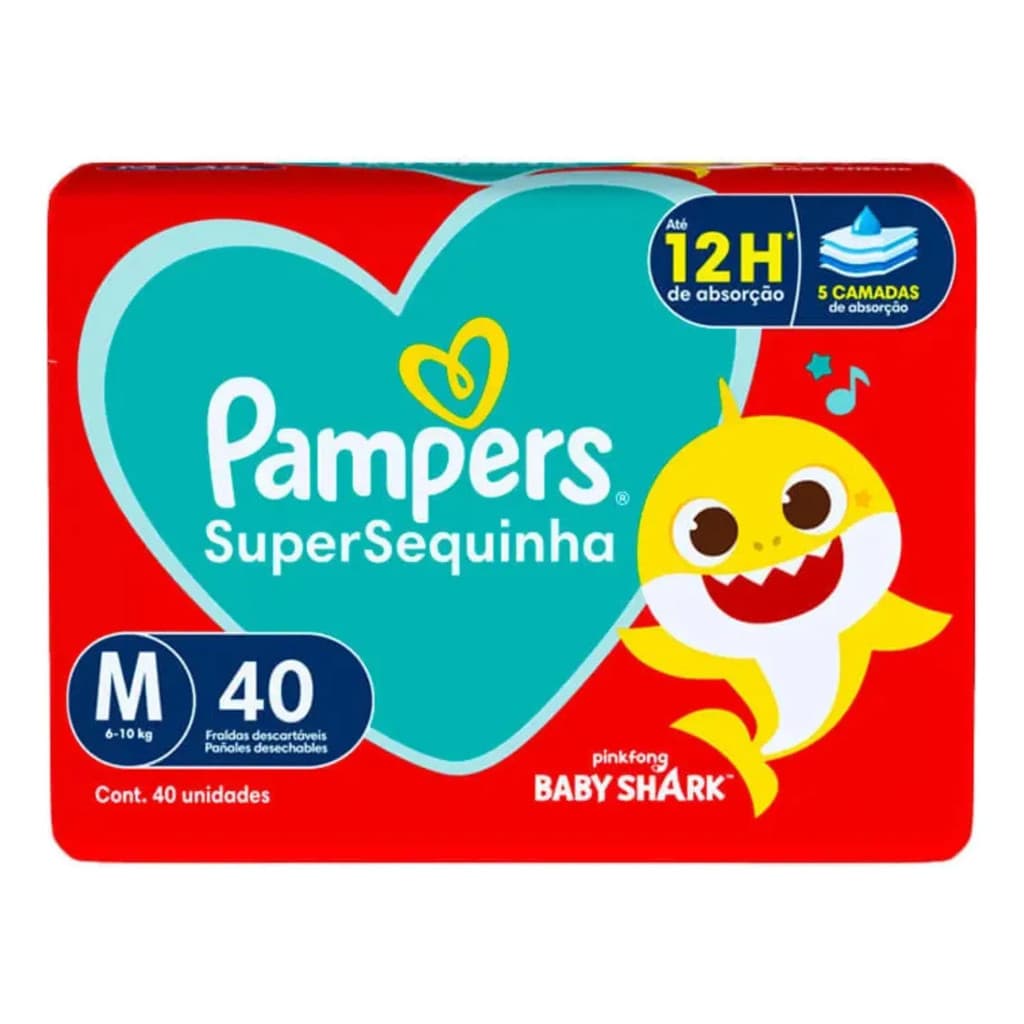 Fralda Pampers Supersequinha M 40 Unidades Baby Shark Médio Descartável Bebê 6 à 10 kg