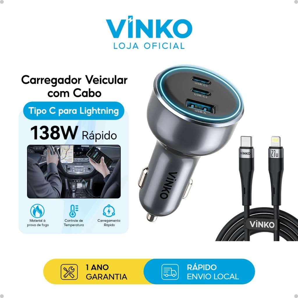Vinko Carregador Veicular Turbo 138W Carregador para Celular+Cabo Tipo C pra Lightning PD 27W 1,2M
