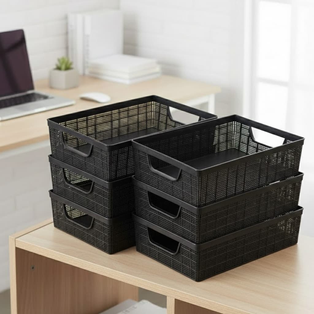 Kit 6 Cestos Organizadores 5,2 Litros Multiuso Lavanderia Armário Cozinha Multiuso Plástico Rattan