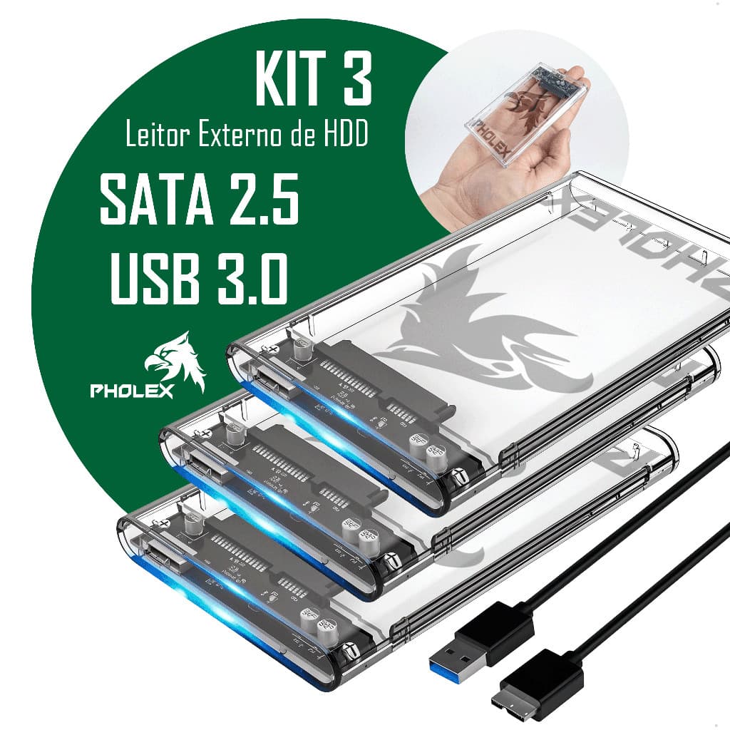 Kit 3 Case Hd Externo Usb 3.0 Transparente Para Hd/ssd Sata 2,5 Pholex Gaveta Adaptador Portátil Notebook E Pc