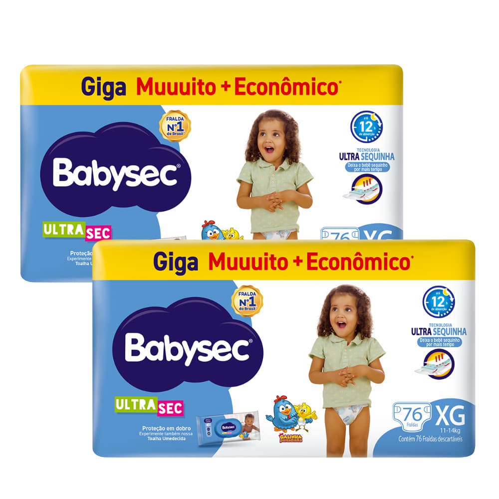 Kit 2 Pacotes de Fraldas Infantil  BabySec Ultrasec Giga XG Galinha Pintadinha – 76 Unidades- Conforto e Alta Absorção
