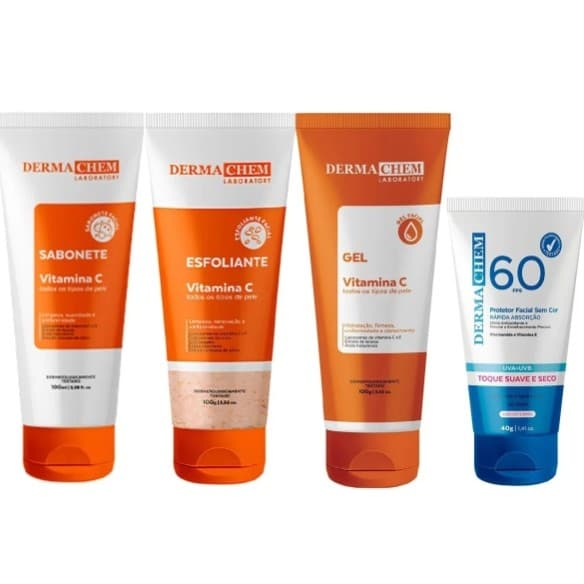 Kit Skincare Vitamina C DermaChem Clareador Anti-idade com Protetor Facial FPS60