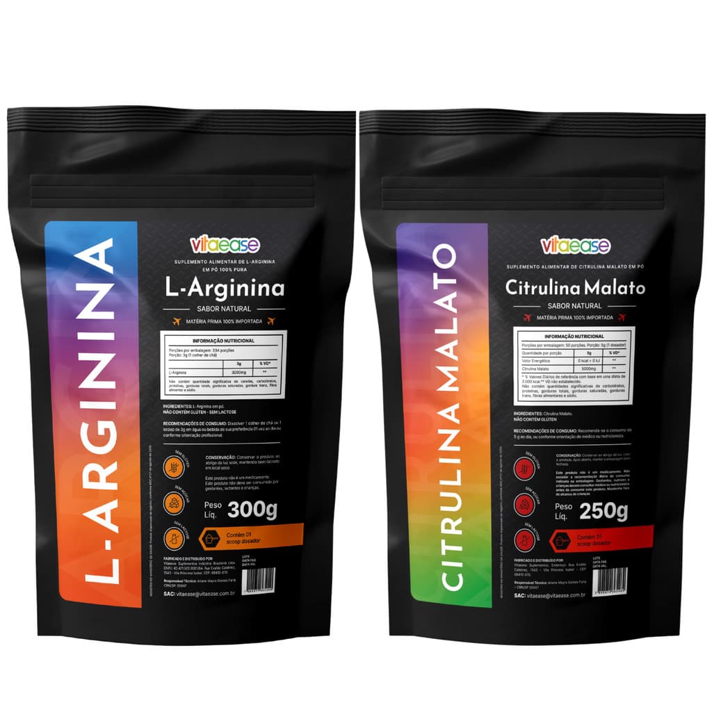 Combo Arginina 300g + Citrulina Malato 250g | Pré-Treino em Pó | Suplemento Alimentar | Uso Adulto